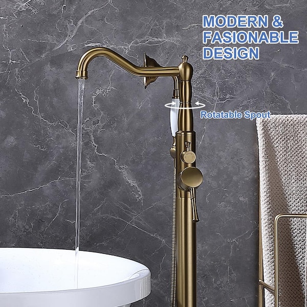 Singe-Handle Freestanding Floor Mount Tub Faucet with Hand Shower in Brushed Gold