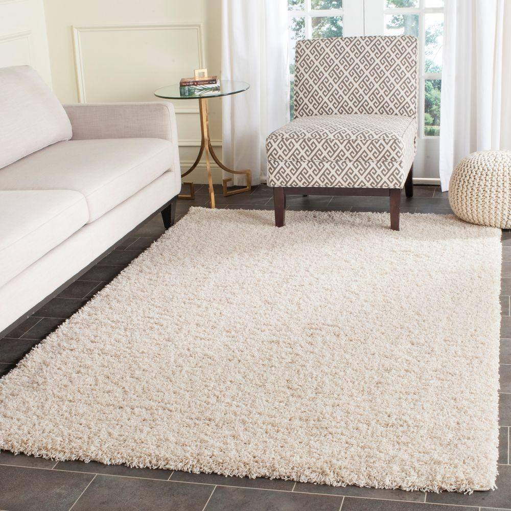 Beige Rectangular Hand-knotted Shag Area Rug