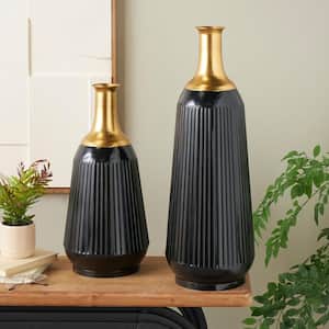 Black Tall Ribbed Metal Decorative Vase with Gold Tops Set of 2