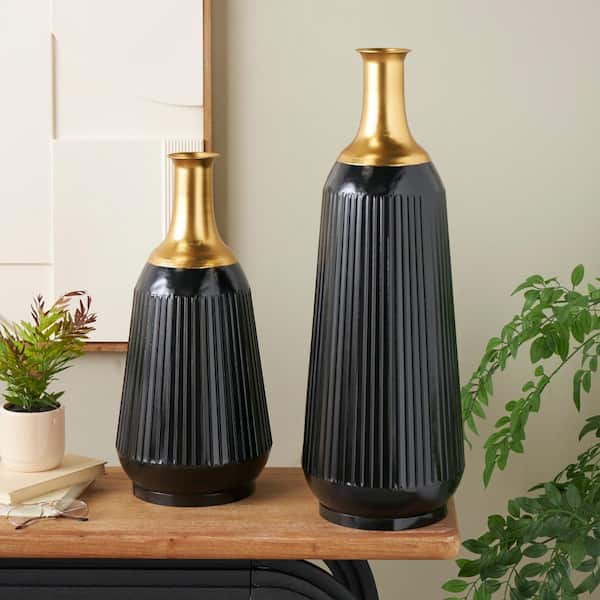Litton Lane Black Tall Ribbed Metal Decorative Vase with Gold Tops Set of 2