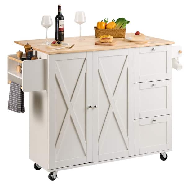 VEVOR Kitchen Island Cart Top 45.3 in. Width Mobile Carts with Storage Cabinet Rolling Kitchen Carts, White