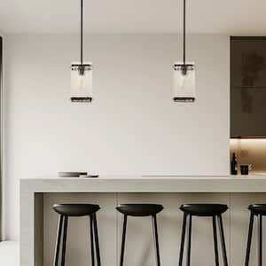 1-Light Black Pendant Hanging Light with Water Glass Shade for Kitchen Island