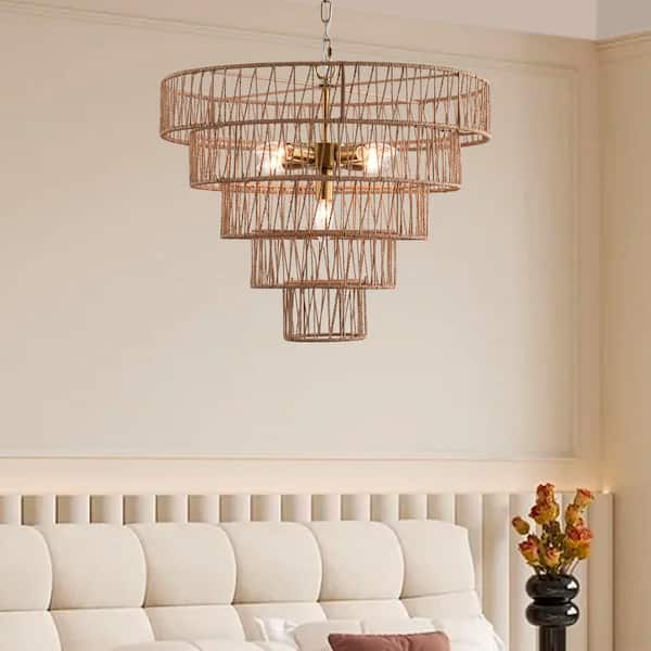 5-Light 21 in. Wood Rattan Farmhouse Tiered Dimmable Chandeliers Dining Kitchen Ceiling Lights Foyer Bedroom Lighting