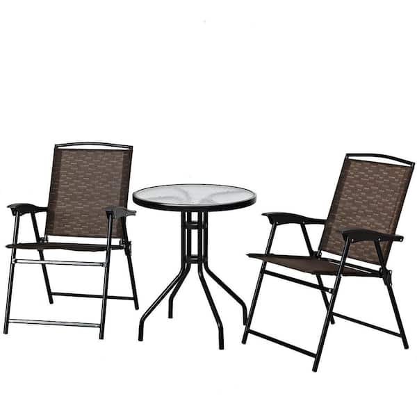 HONEY JOY Black Frame 3-Piece Metal Patio Conversation Set Furniture Set Courtyard Table and Folding Chairs