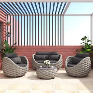 Gray 4-Piece Aluminum Outdoor Patio Sectional Set Rattan Conversation Sets with Dark Gray Seat Cushion and Back Cushion