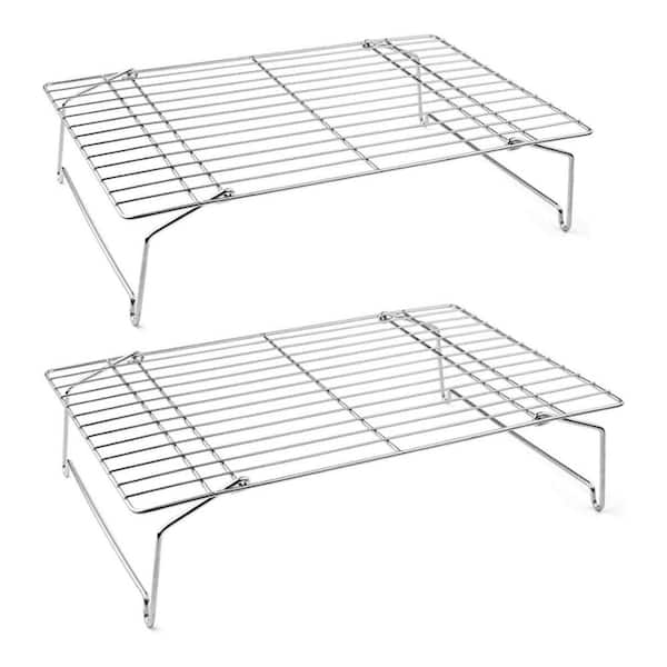 Silver Stainless Steel Cooling Rack Stackable Collapsible Wire Racks with Oven Dishwasher Safe Features, 2 Piece