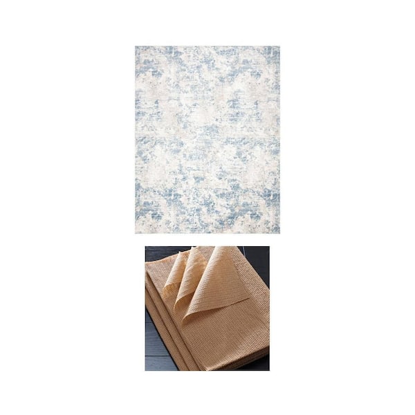 Amelia Gray/Blue 10 ft. x 14 ft. Distressed Rug and Beige Non-Slip 12 in. Thick Rug Pad Combo