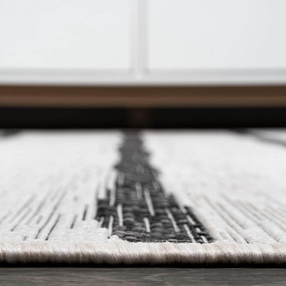 Ivory and Black Striped Synthetic Indoor/Outdoor Rug