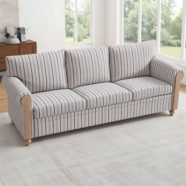 Sebastian 83.86 in. Rolled Arms Polyester Blend Upholstered Rectangle Sofa in Blue and White Stripes