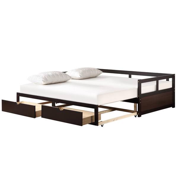 Espresso Twin Size Daybed With Trundle, Queen Size Daybed With Storage Drawers