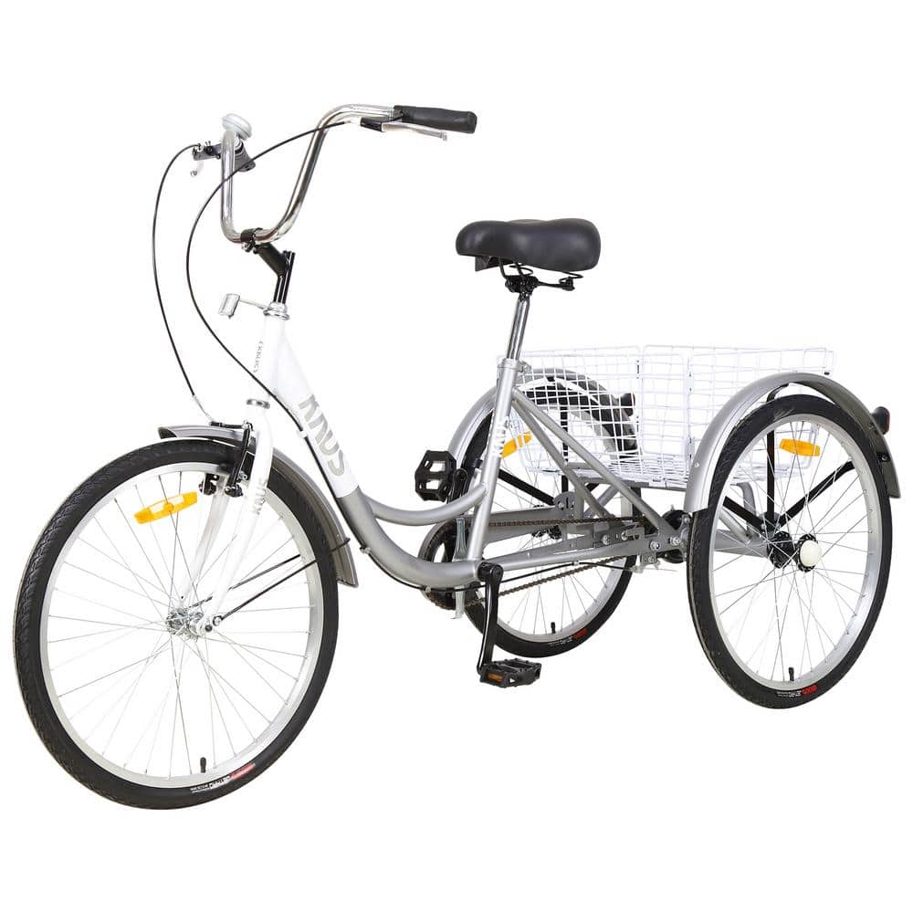 24 in. Silver Tricycle 3-Wheel Bike with Large Shopping Basket for Women and Men, Metallics