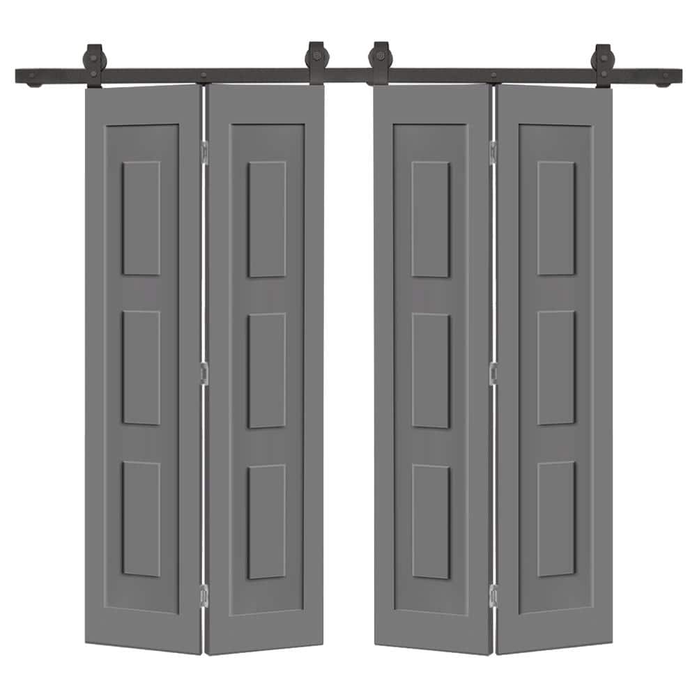 60 in. x 84 in. 3 Panel Shaker Hollow Core Light Gray Composite Double Bi-fold Door with Barn Door Hardware Kit price history on PriceWatchPro