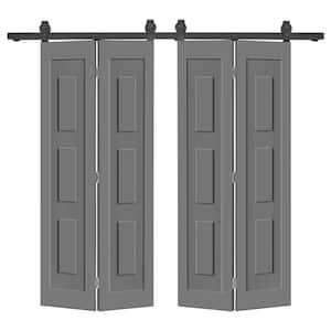 72 in. x 80 in. 3-Panel Shaker Hollow Core Light Gray Composite Double Bi-Fold Door with Barn Door Hardware Kit