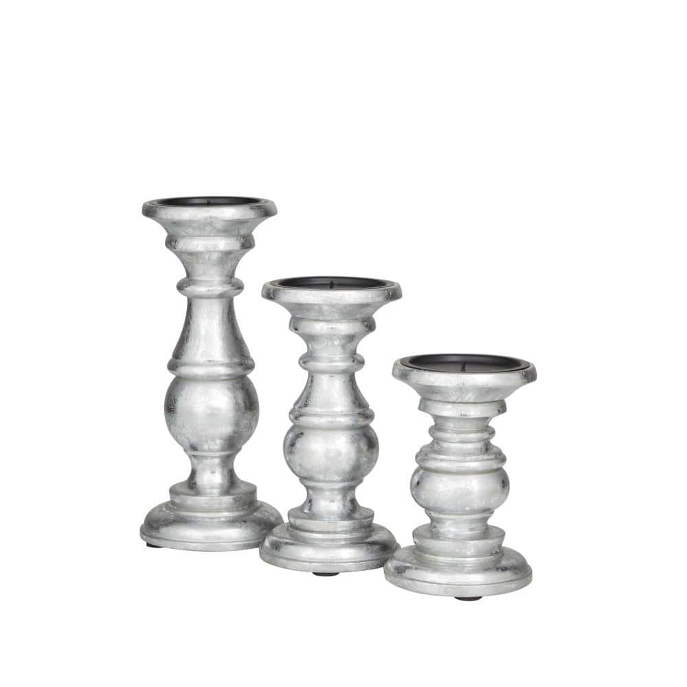 Hollywood Glam Silver Mango Wood Pillar Candle Holders - Set of 3