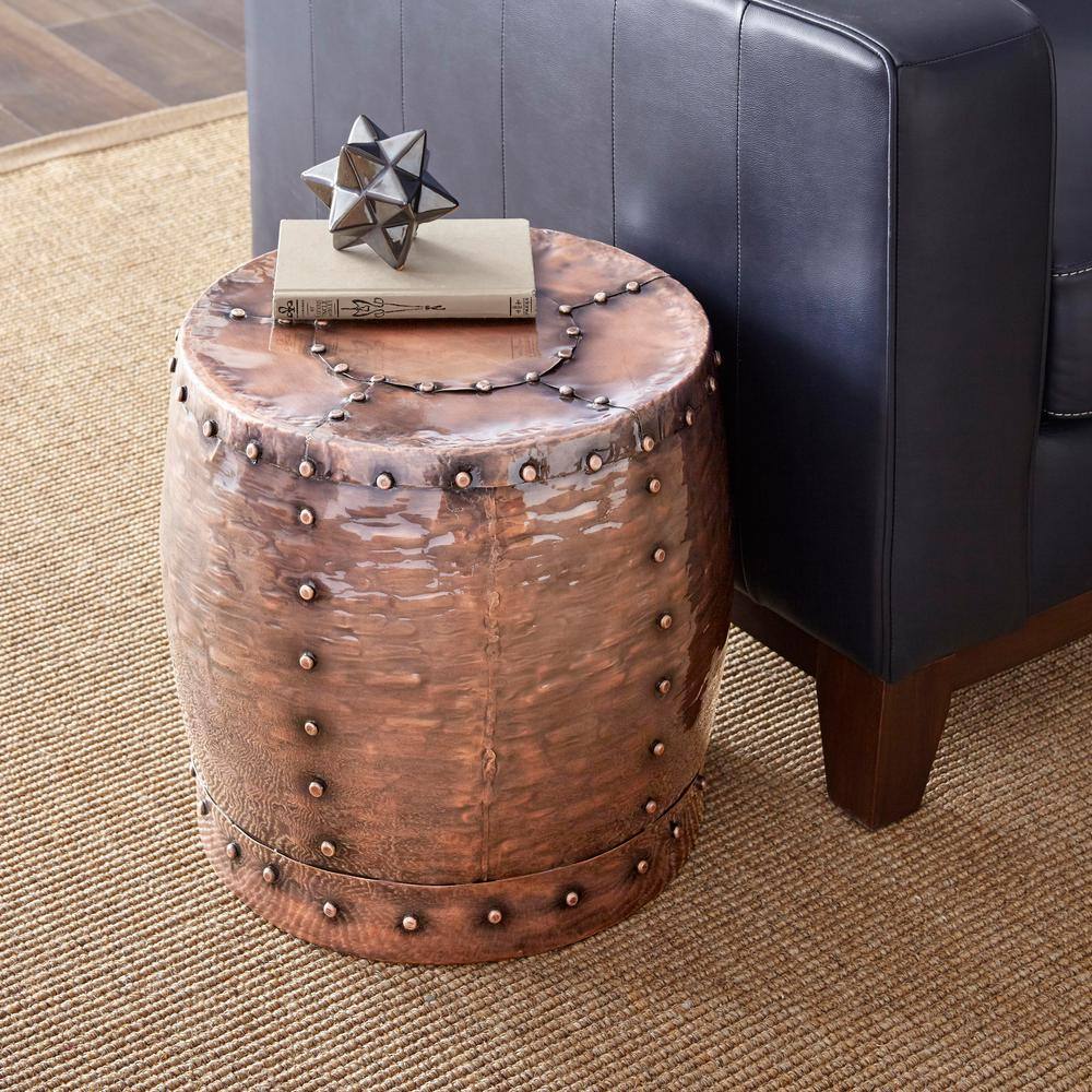 Antique Copper 16" Round Metal Drum End Table