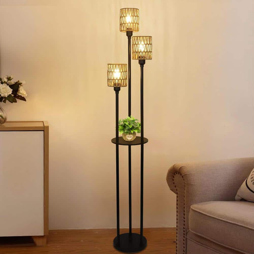66 in. Black Boho 3-Light Column Floor Lamp with Rattan Drum Shade, Foot Sw