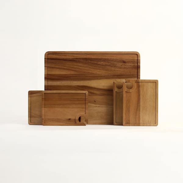 Atelier Acacia Wood Wine Appetizer Plate Set with Serving Tray-5-Piece Charcuterie & Cheese Board, Natural Brown