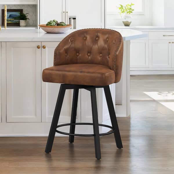 LUE BONA 26 in. Brown Faux Leather Metal Frame Upholstered Counter Height Swivel Bar Stools with Bronze Rivets