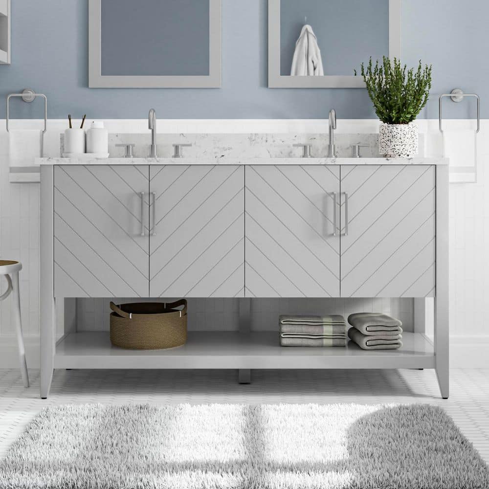 Representative product-family photo: Baybarn 60 in. Double Sink Gray Bath Vanity with White Engineered Carrara Top (Assembled). Pictured option and availability are unverified.