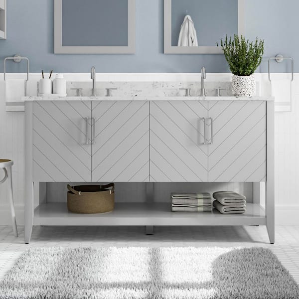 Baybarn 60 in. Double Sink Gray Bath Vanity with White Engineered Carrara Top (Assembled)