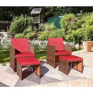 4-Pieces Patio Wicker Furniture Set Outdoor Patio Chairs with Ottomans and Red Cushion