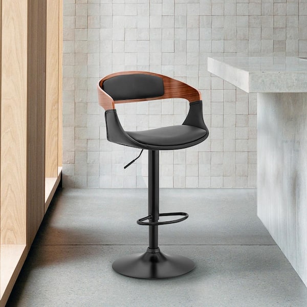 Armen Living Benson 24-32 in. Adjustable Height w/ High Back Black Faux Leather and Walnut Wood Bar Stool with Chrome Base