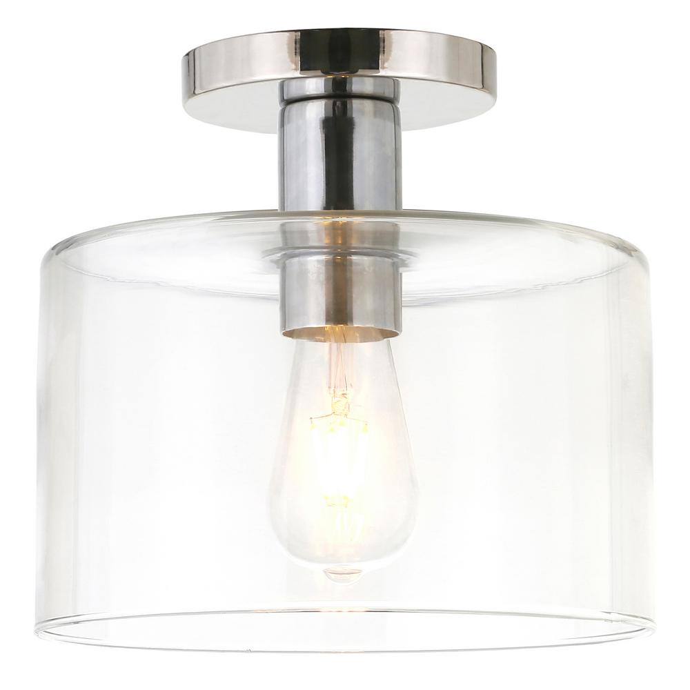 Henri Polished Nickel 10" Drum Semi-Flush Mount with Clear Glass Shade