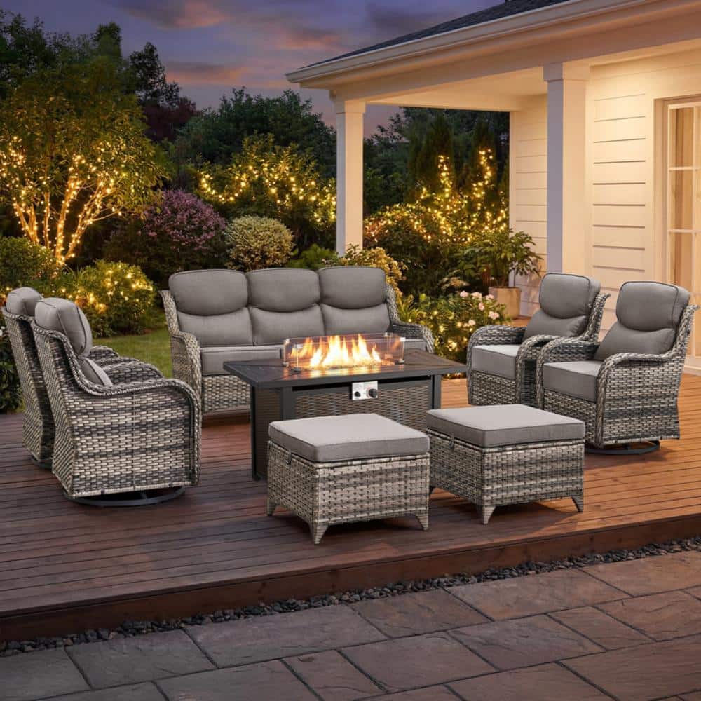 NovaSwivel 8PCS Gray Wicker Patio Conversation Set with Outdoor Swivel Gliders with Fire Pit and 6 in. Gray Cushions price history on PriceWatchPro