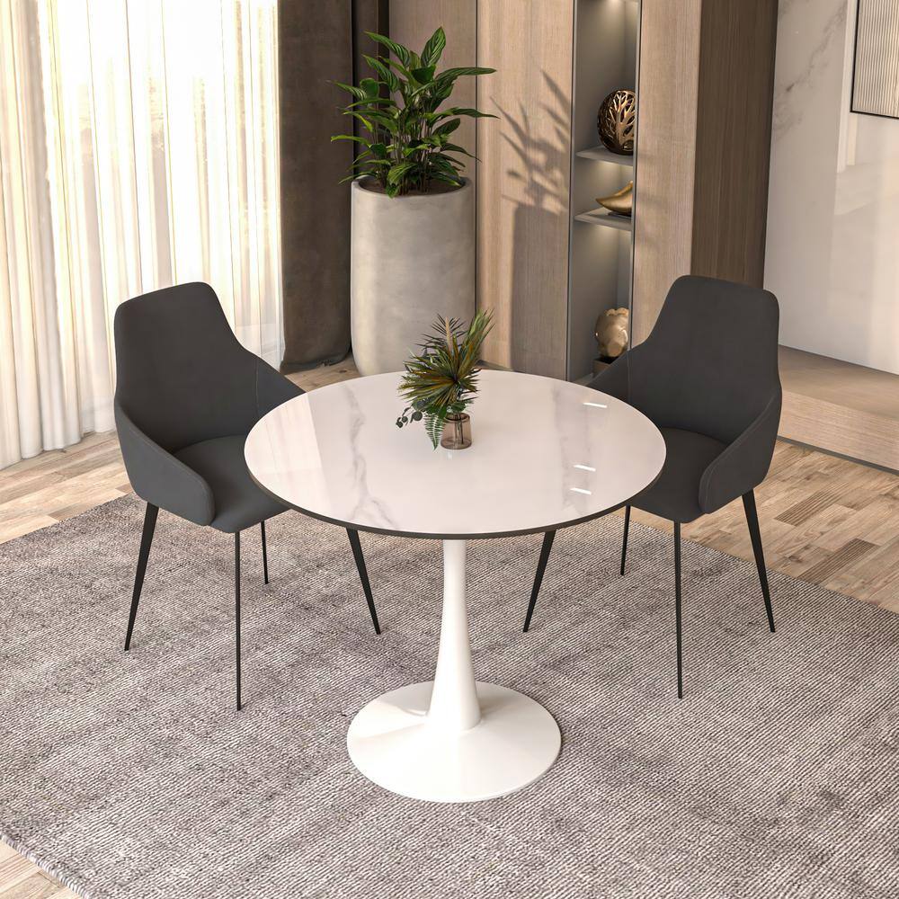 White Round Sintered Stone Dining Table with Steel Pedestal Base