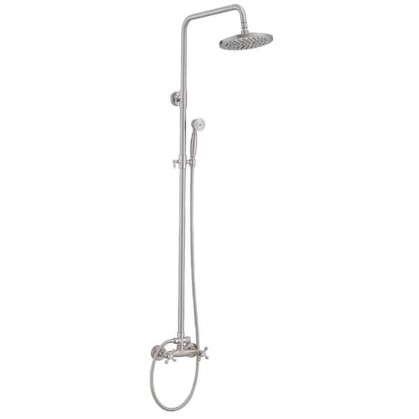 2-Spray Outdoor Wall Bar Shower Kit 8 in. Round Rain Shower Head with Hand Shower and 2-Cross Knobs in Brushed Nickel