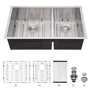 28 in L x 19 in. W. x 10 in. D Undermount Double Bowl 16 Gauge Silver Stainless Steel Kitchen Sink