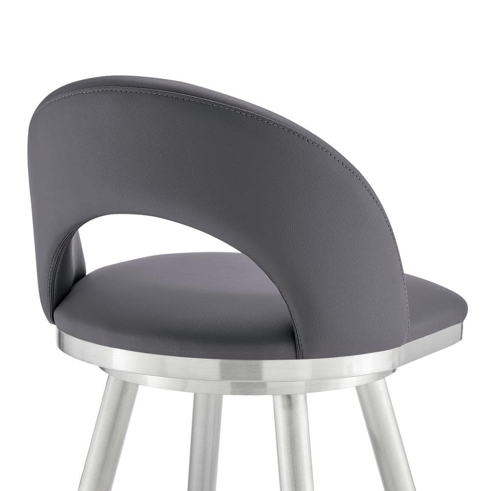 Gray Faux Leather Swivel Bar Stool with Brushed Stainless Steel Frame