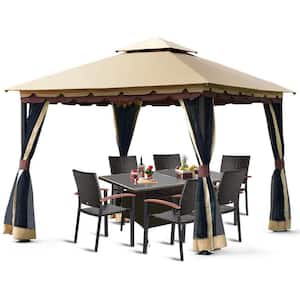 2-Tier 10 ft. x 10 ft. Beige Top Brown Eaves Black Mesh Gazebo Canopy Tent Shelter Awning Steel Outdoor Garden Patio