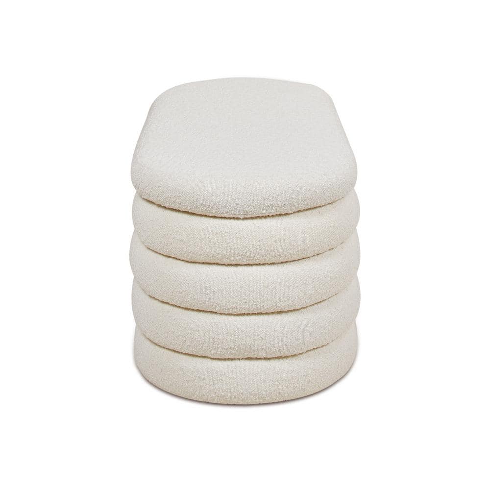 Ivory White Boucle 49" Upholstered Oval Storage Bench with Horizontal Tufting