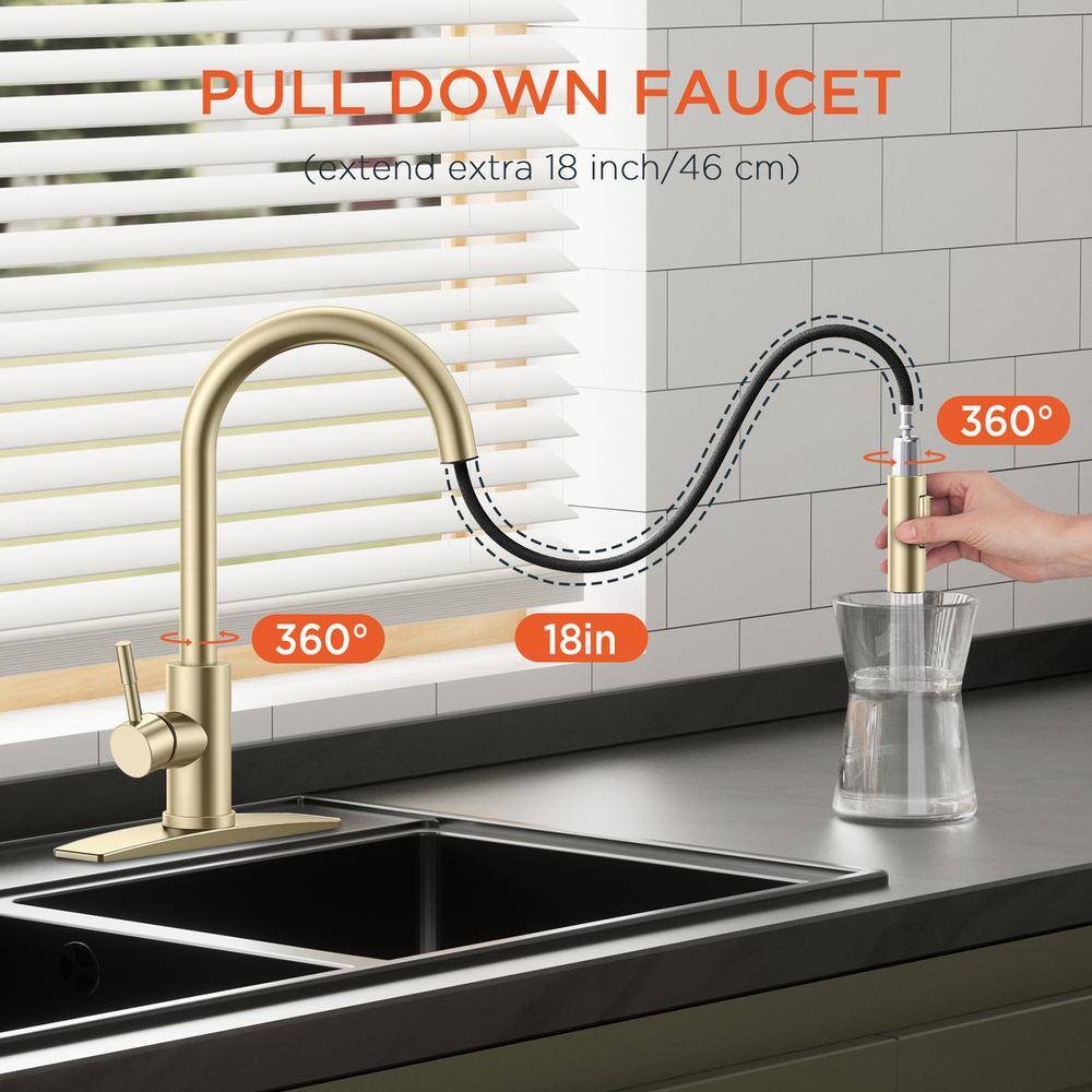 Brushed Gold Stainless Steel Pull Down Kitchen Faucet with Soap Dispenser