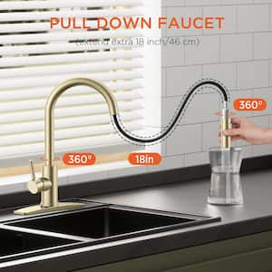 Single Handle Pull Down Sprayer Kitchen Faucet with Soap Dispenser and Flexible Hose in Gold