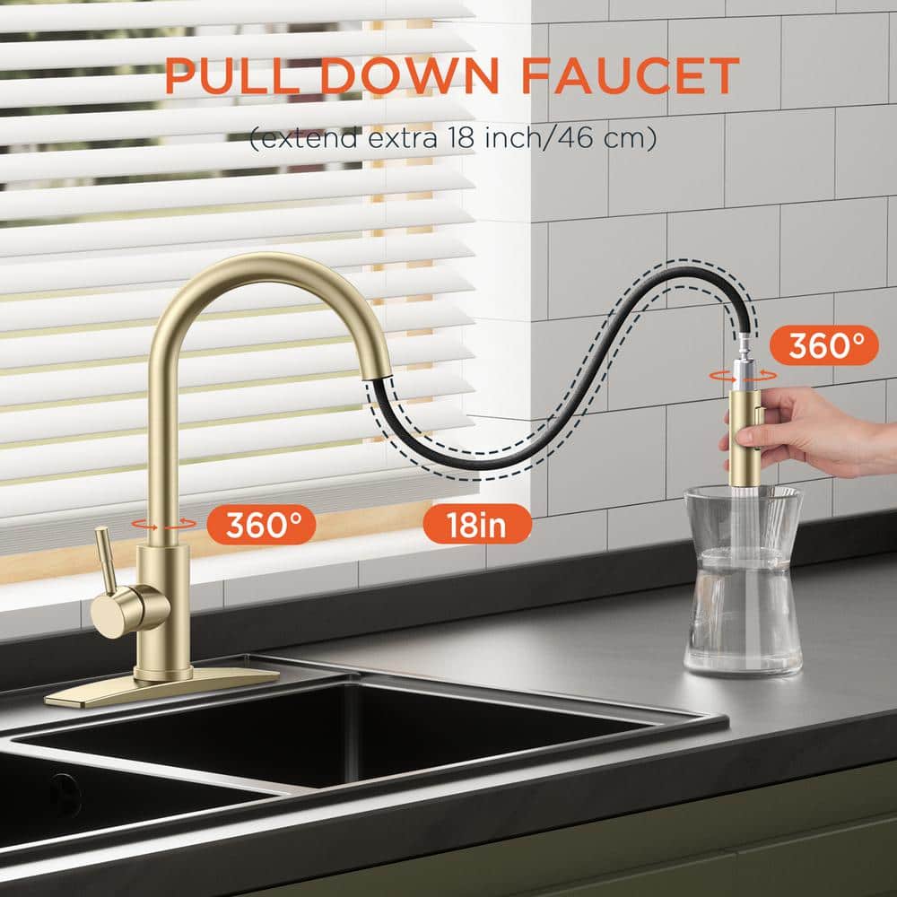 Brushed Gold Stainless Steel Pull Down Kitchen Faucet with Soap Dispenser