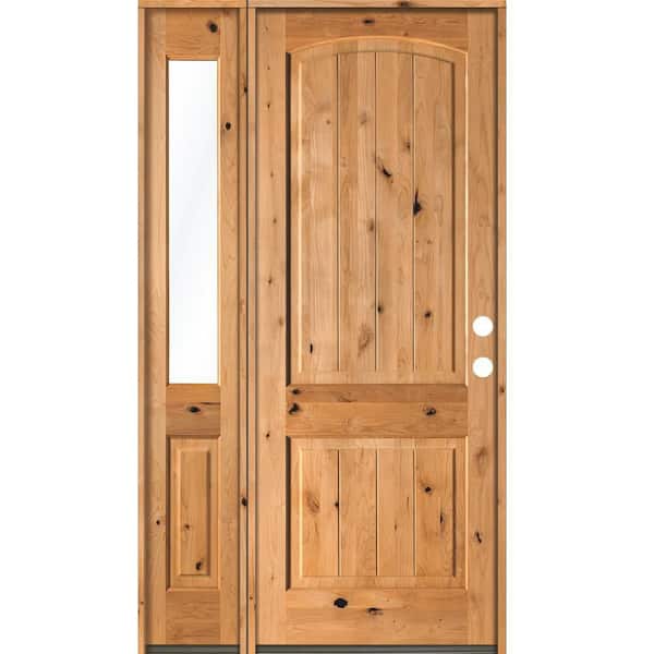 Krosswood Doors 50 in. x 96 in. Rustic knotty alder Sidelite 2 Panel Left-Hand/Inswing Clear Glass Clear Stain Wood Prehung Front Door