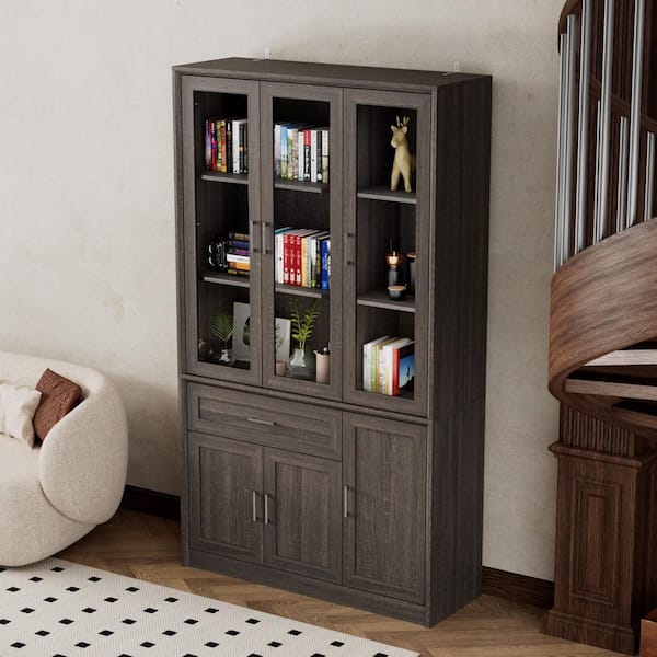 79.9 in. Tall Brown Wood Grain 10-Shelf Standard Bookcase, Strorage Cabinet with 3 Glass Doors and A Large Drawer