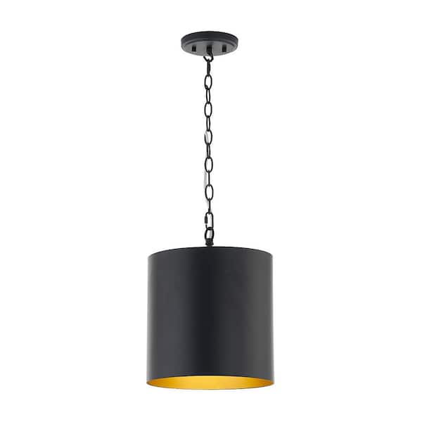 Bandeau 1-Light Matte Black Finish Shaded Pendant Light with Aged Brass Inside Metal Shade