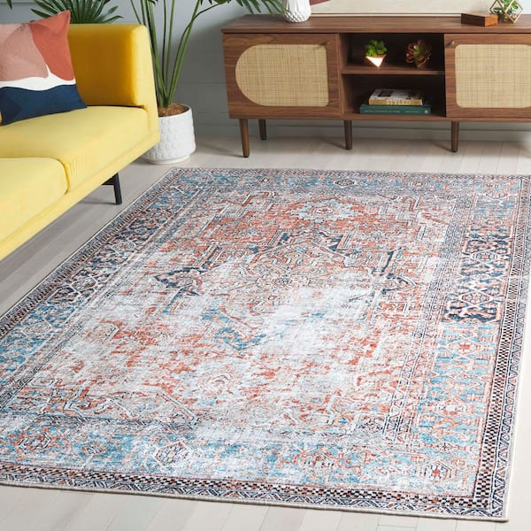 Orlando 5 ft. x 8 ft. Orange/Blue Distressed Ornate Washable Area Rug