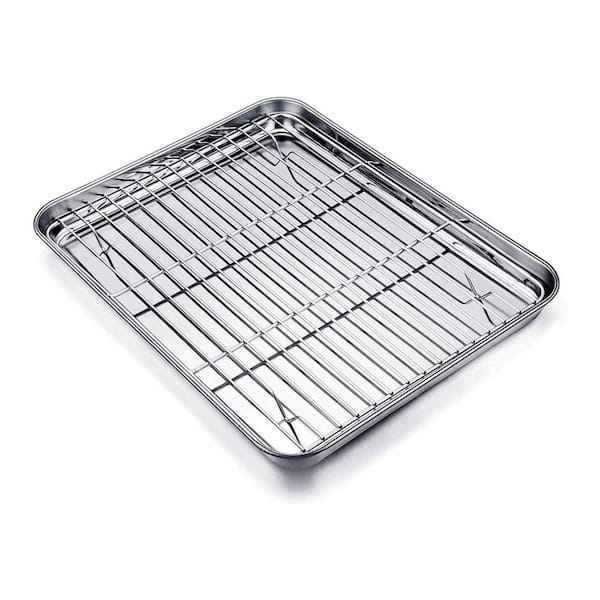 Stainless Steel 2-Piece Silver Baking Pan Set with Cooling Rack Healthy Non-Toxic Easy Clean Dishwasher Safe Oven