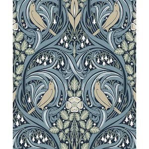 57.5 sq. ft. Navy and Beige Bird Scroll Unpasted Nonwoven Wallpaper Roll