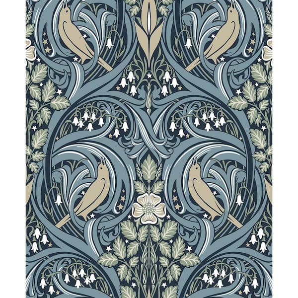 Seabrook Designs 57.5 sq. ft. Navy and Beige Bird Scroll Unpasted Nonwoven Wallpaper Roll