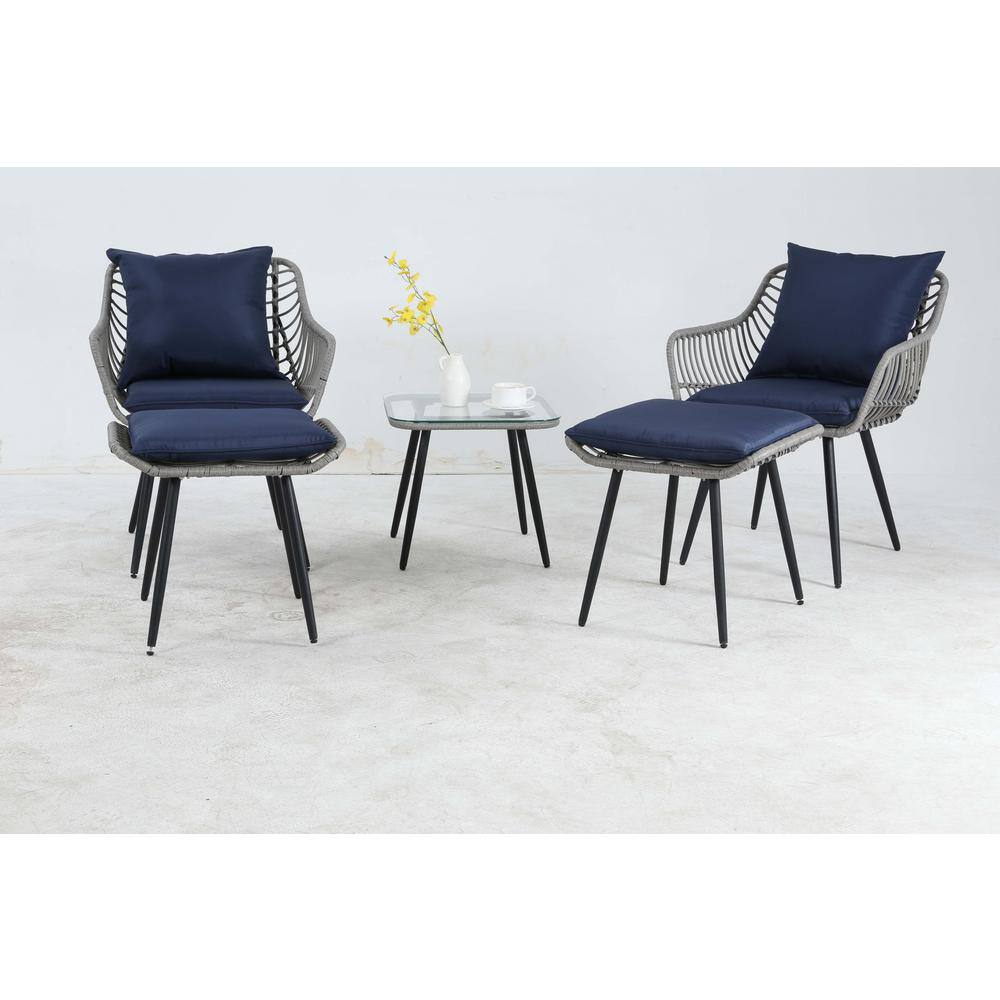 5-Piece Gray Wicker Patio Conversation Set with Blue Cushions, Glass Tabletop price history on PriceWatchPro