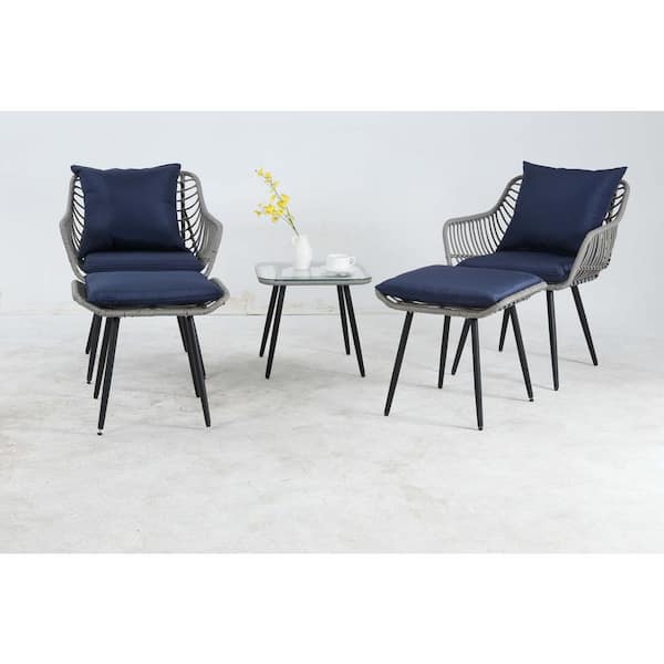 Tenleaf 5-Piece Gray Wicker Patio Conversation Set with Blue Cushions, Glass Tabletop