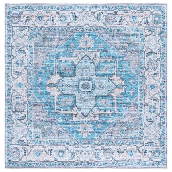 Martha Stewart Washable Gray/Turquoise 6 ft. x 6 ft. Machine Washable Floral Medallion Square Area Rug