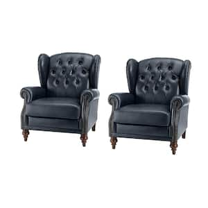 Pablo Navy 33 in. Wide Genuine Leather Arm Chair with Solid Tapered Wood Legs and Classic Wingback Design (Set of 2)