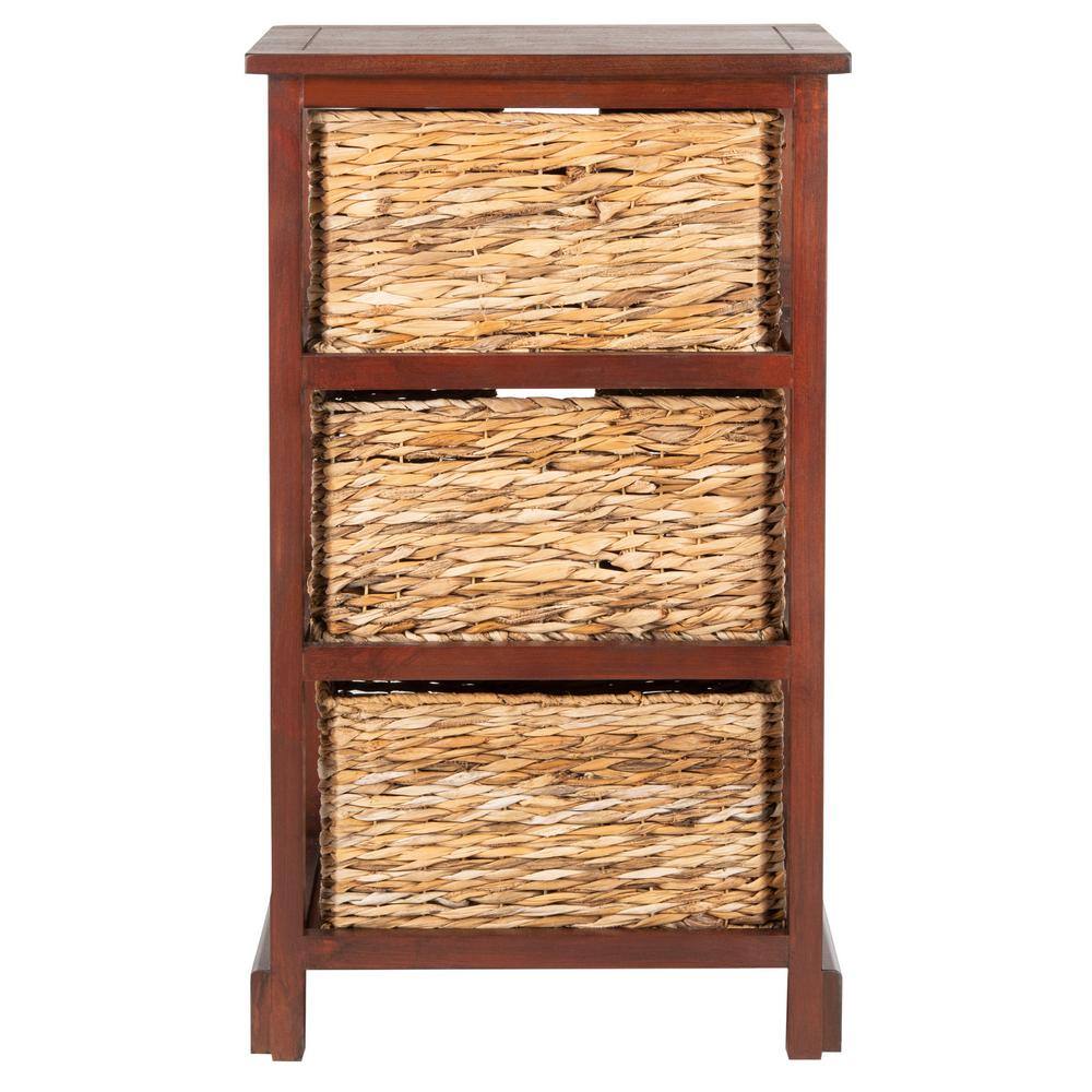 Transitional Brown Pine Wood Side Table with 3 Rattan Drawers