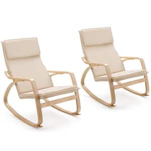 Wood Outdoor Rocking Chair with Beige Cushion (2-Pack)